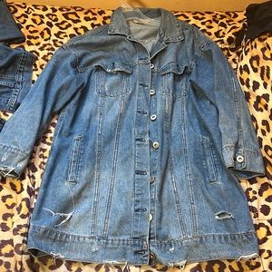 Oversize long denim Jean jacket  small cuts for the distressed look